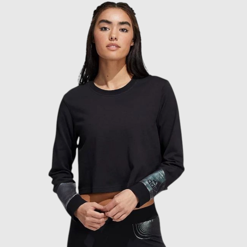 adidas Black Crop Long-Sleeve Top with Metallic Accent